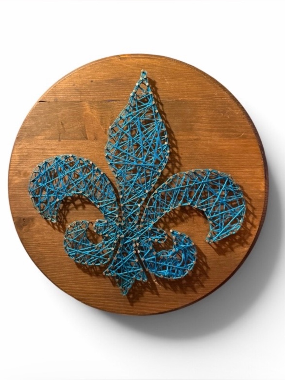 Handcrafted~ Round ~Wood~Wall Hanging ~ Blue String Art ~ Fleur-de-Lis Design